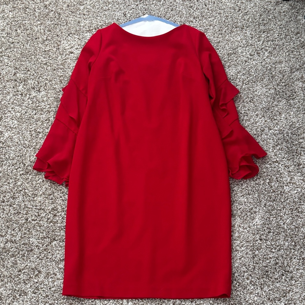 Calvin Klein Red Long-Sleeve Ruffle Shift Dress
